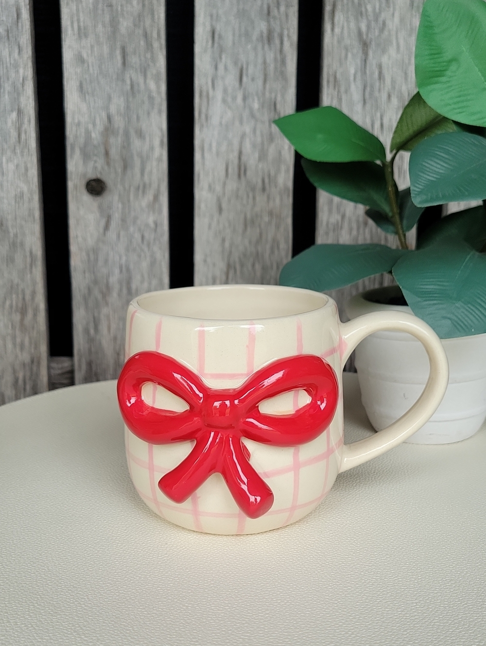 Red 3D Bow Handpainted Pink Grid On Cream Ceramic Mug -
